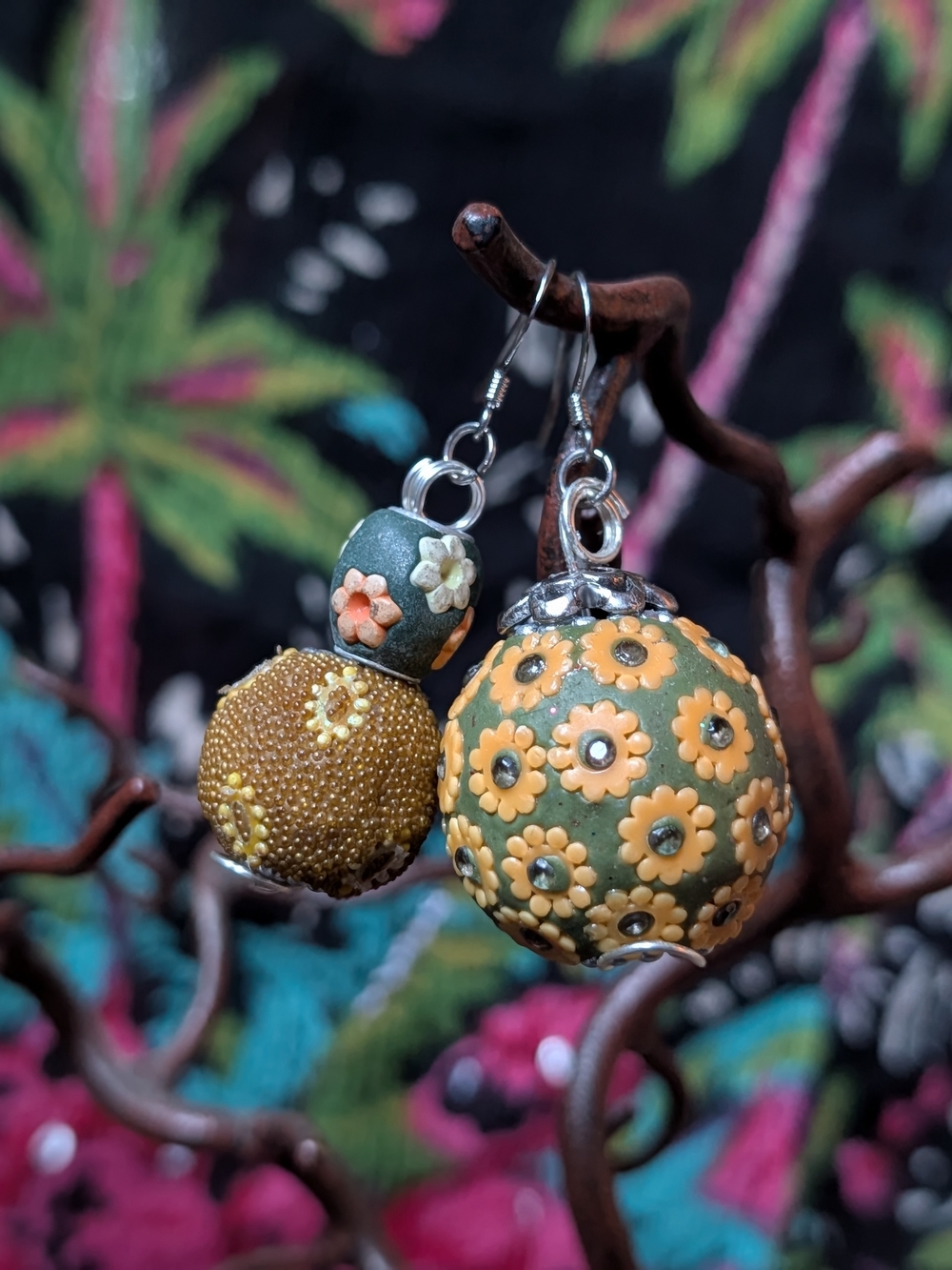 Handcrafted Green and Yellow Sunflower Bead Drop Earrings